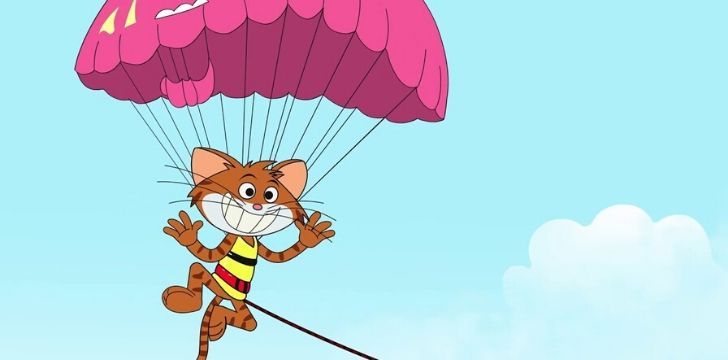 A happy cat using a parachute