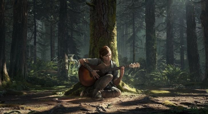 Girl from The Last of Us playing guitar in the woods